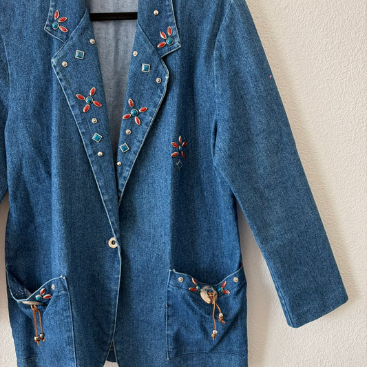 Vintage LORI of California Embellished Denim Jacket – Beaded Floral Western Style, Size 12