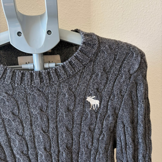 Abercrombie & Fitch Cable-Knit Sweater – Dark Gray Cotton Cashmere Blend, Moose Logo, Size L Muscle Fit