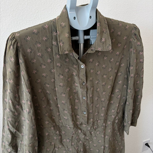 Sundance Dress 14 Olive Green Floral Silk Button Front Puff Sleeve Pleated Midi