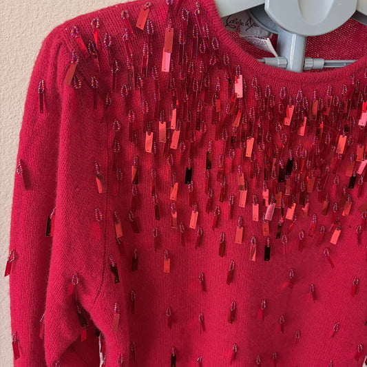 Vtg 80s Red Lambswool Agnora Sequin Sweater LG Eddie Dassin Beaded Holiday Party
