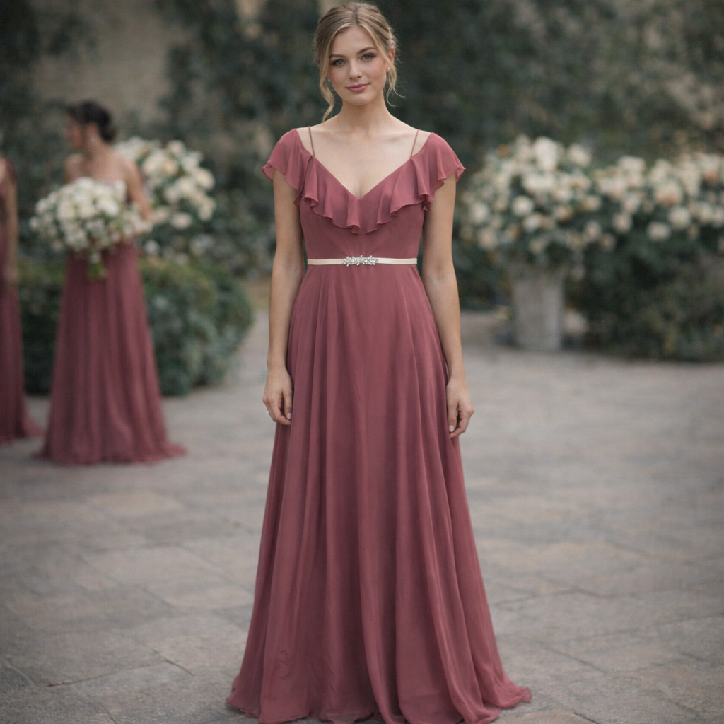 Jenny Yoo Collection Mauve Chiffon Ruffle Cold Shoulder Gown Mila Dres – Grand Threads