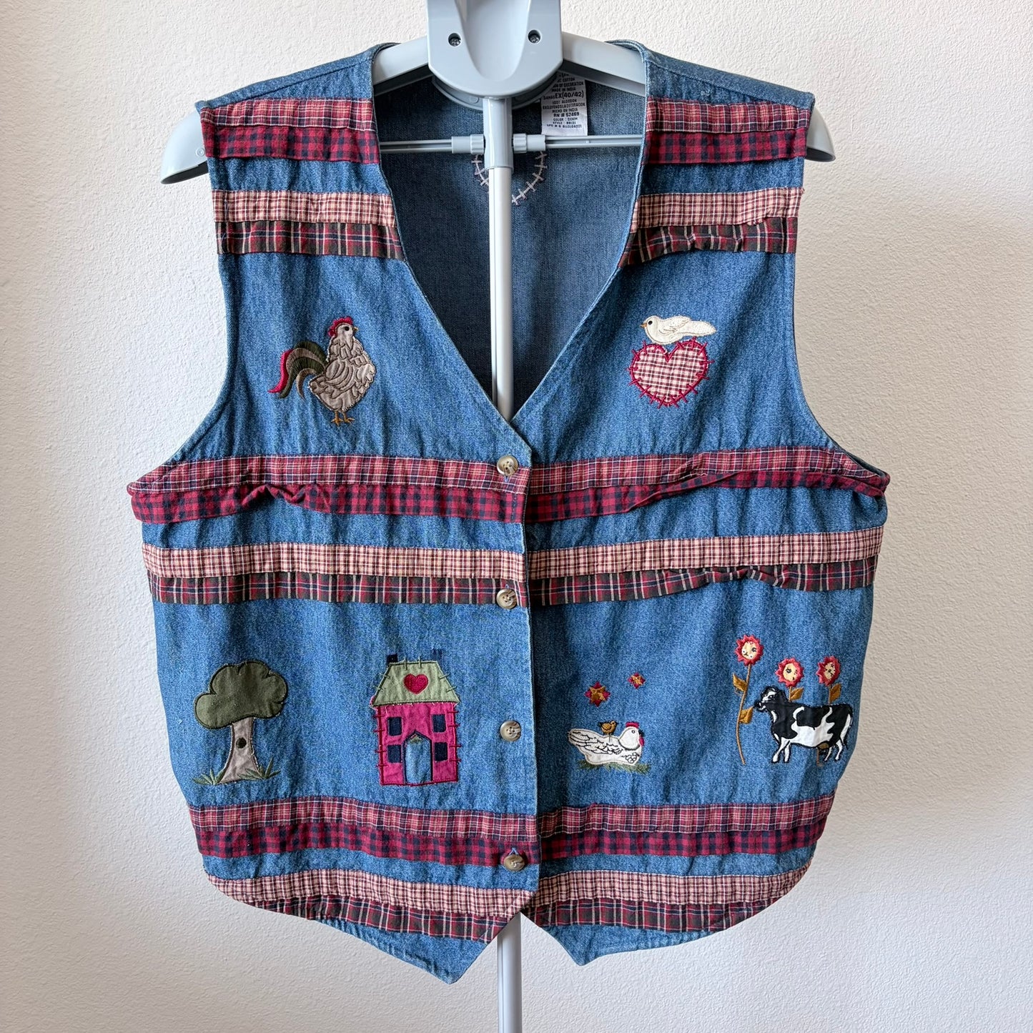 Vintage Denim Farm Vest Embroidered Cow Rooster Plaid Ruffles XL Grandma Novelty