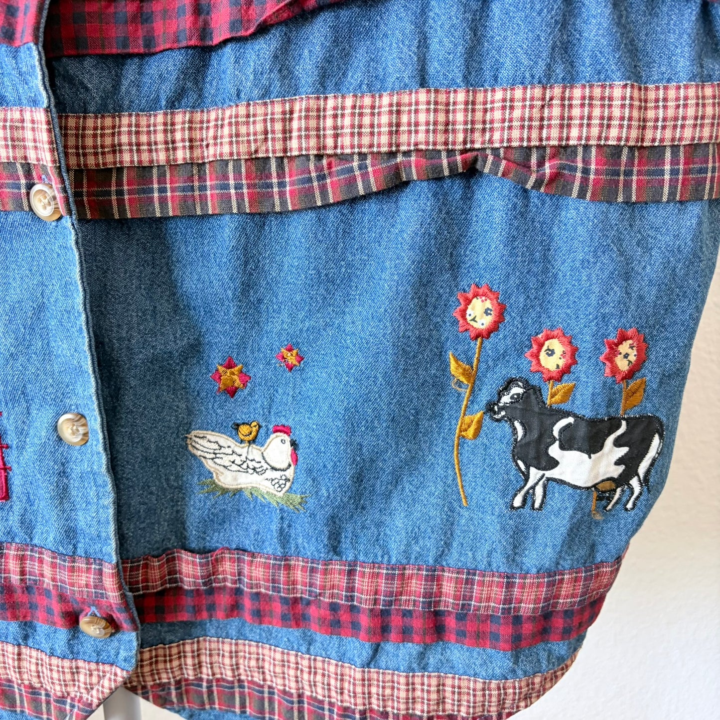 Vintage Denim Farm Vest Embroidered Cow Rooster Plaid Ruffles XL Grandma Novelty