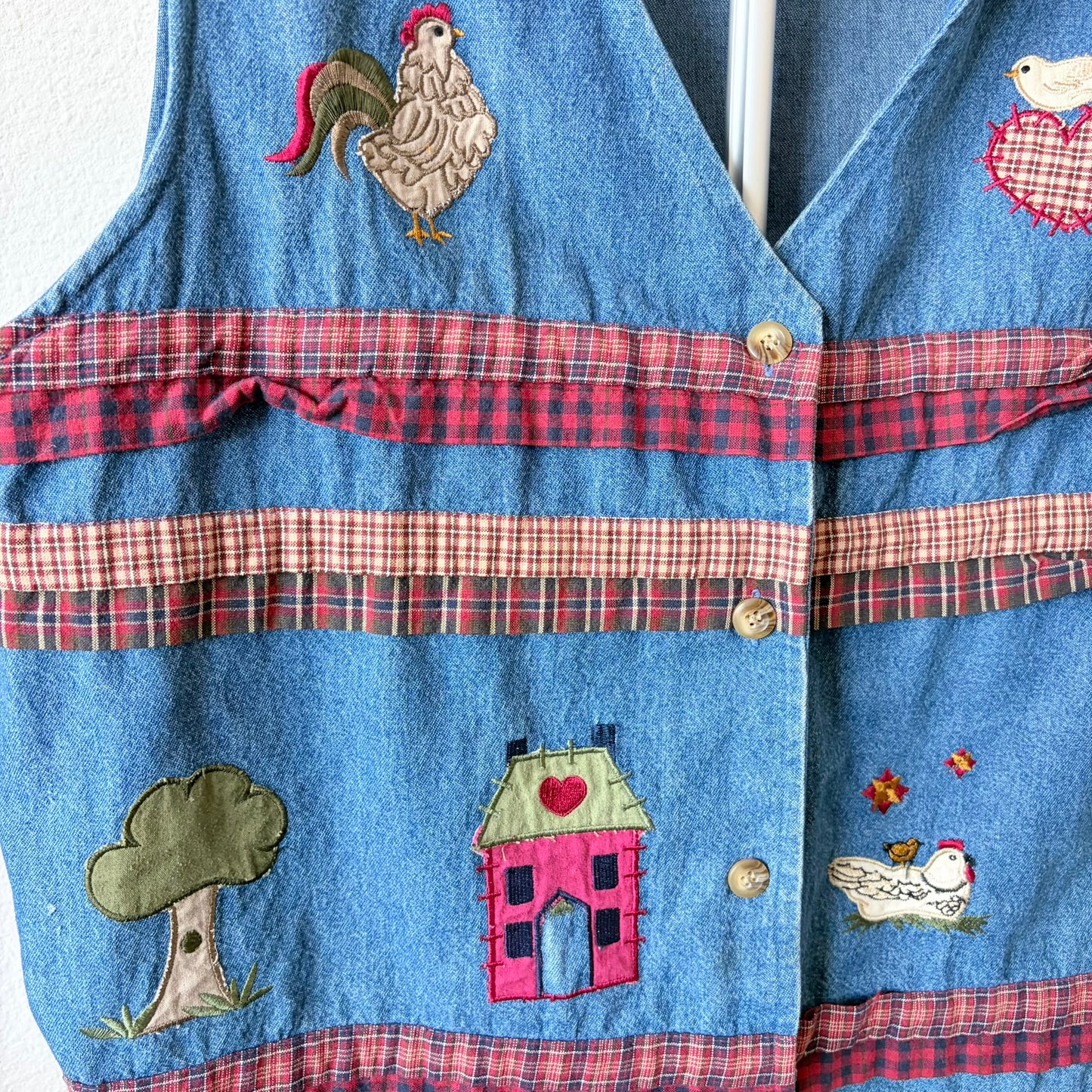 Vintage Denim Farm Vest Embroidered Cow Rooster Plaid Ruffles XL Grandma Novelty