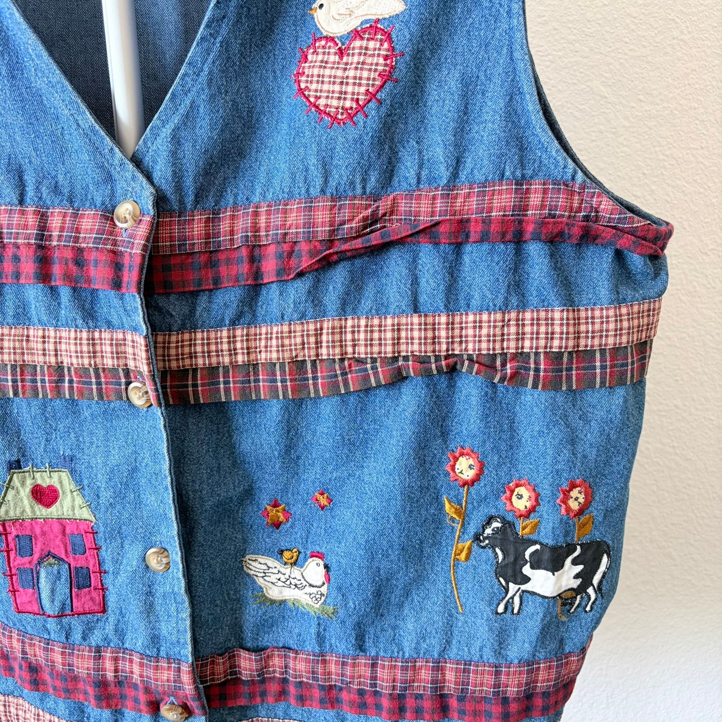 Vintage Denim Farm Vest Embroidered Cow Rooster Plaid Ruffles XL Grandma Novelty