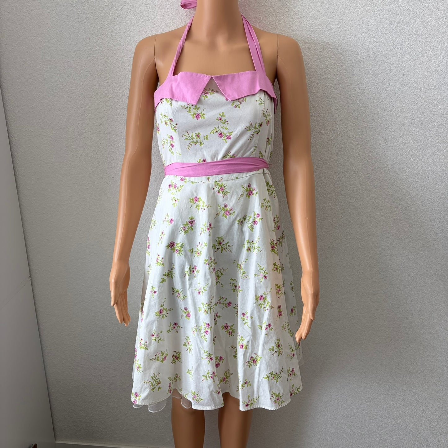 Vintage Y2K City Triangles Floral Halter Dress Womens 7 Rockabilly 50s HOCO
