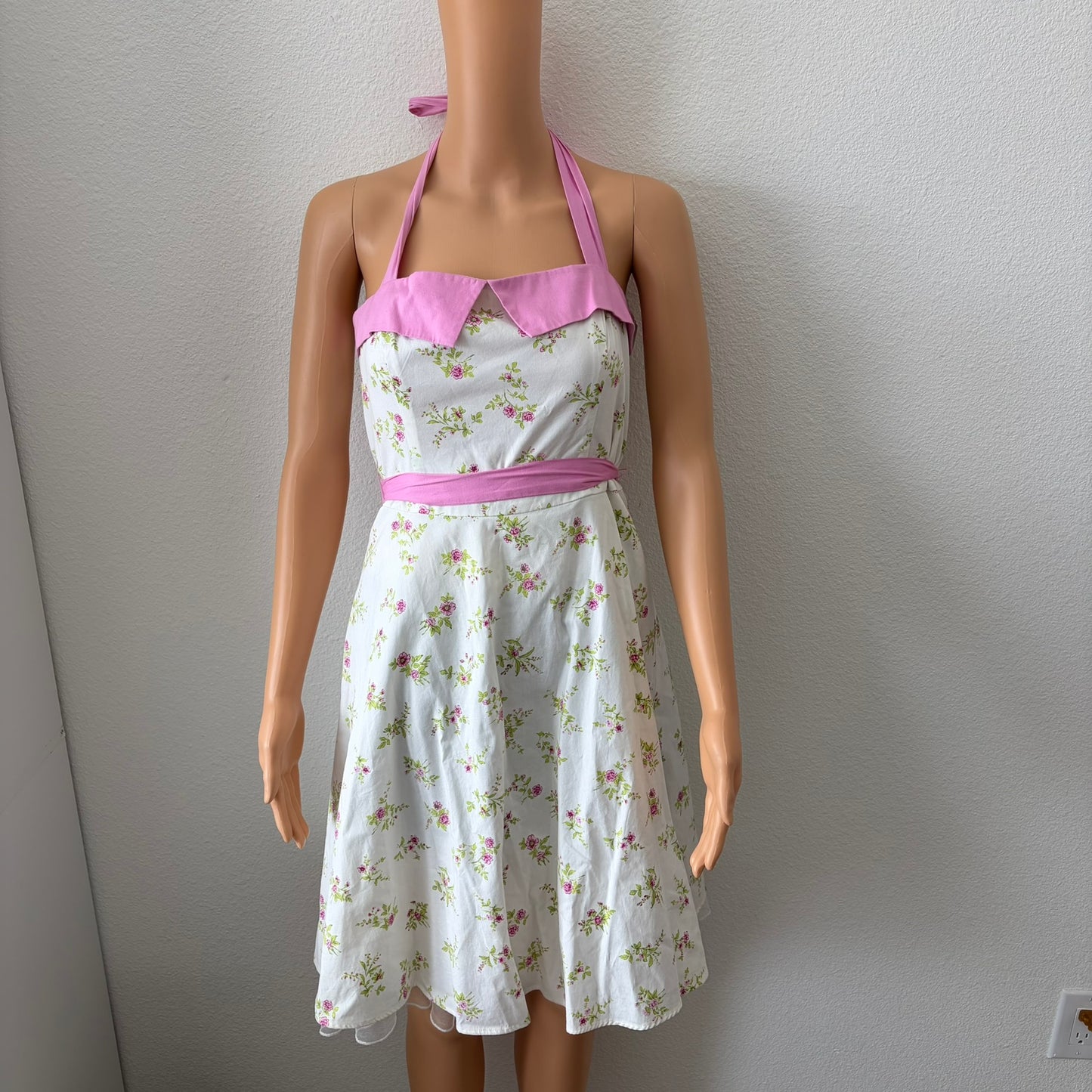 Vintage Y2K City Triangles Floral Halter Dress Womens 7 Rockabilly 50s HOCO