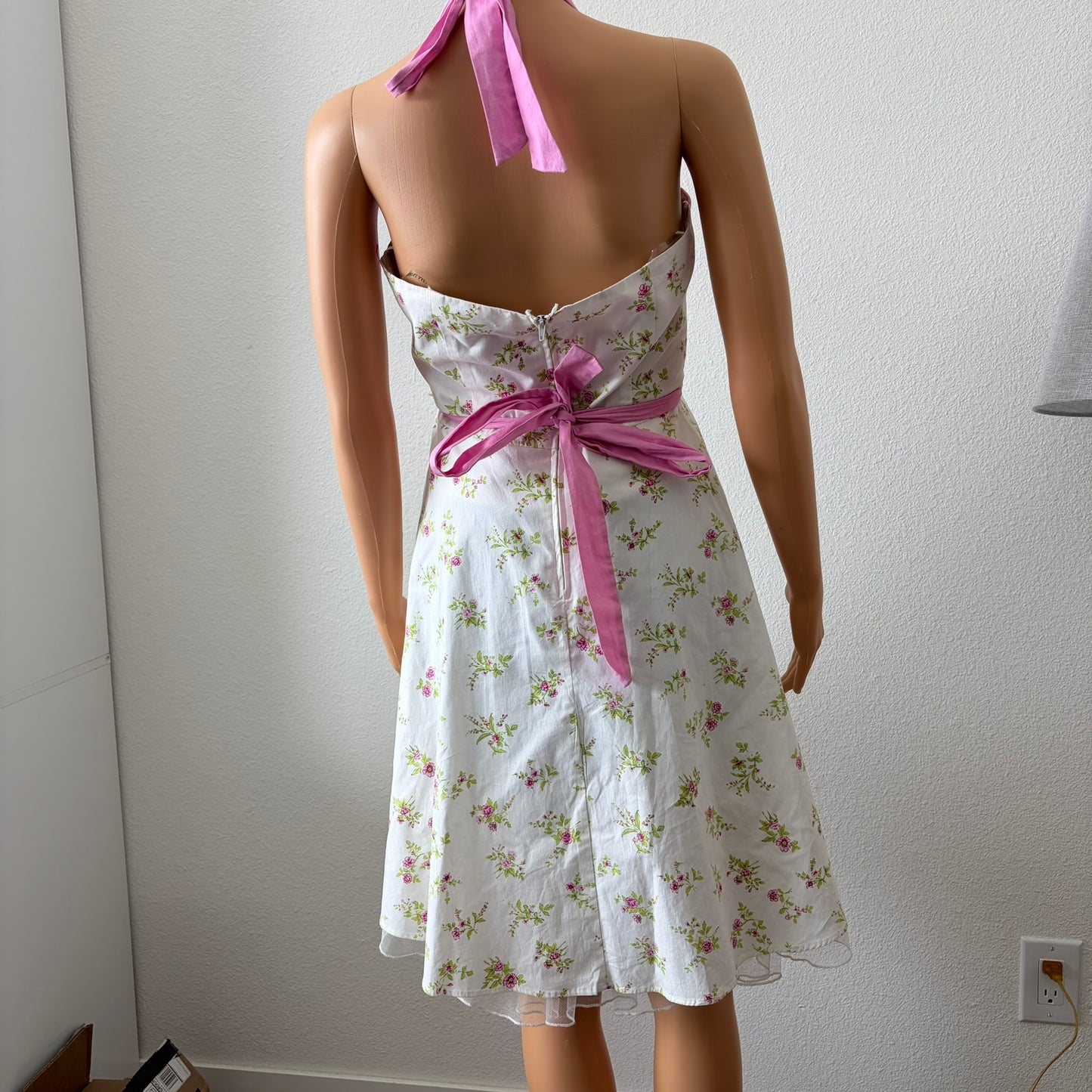 Vintage Y2K City Triangles Floral Halter Dress Womens 7 Rockabilly 50s HOCO