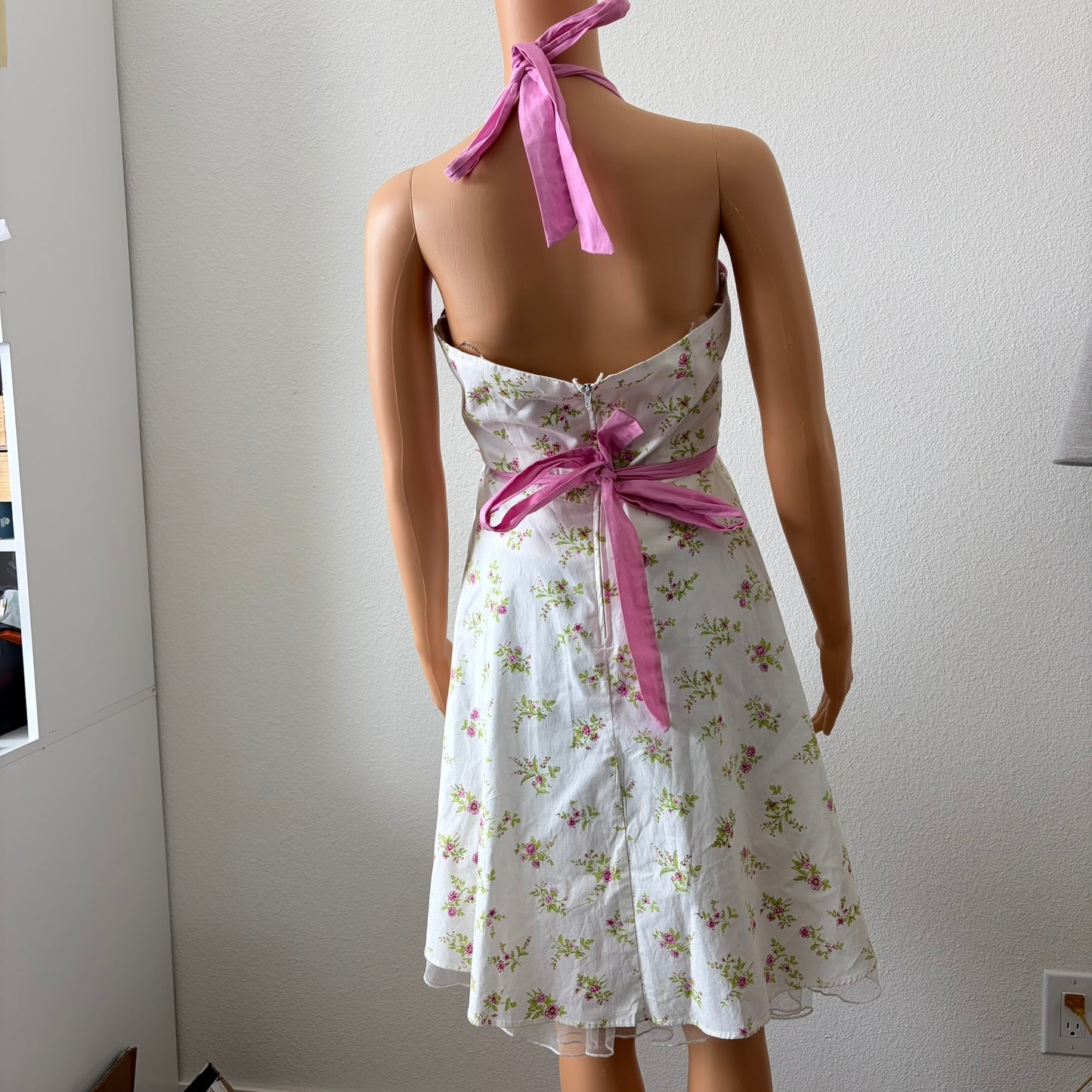 Vintage Y2K City Triangles Floral Halter Dress Womens 7 Rockabilly 50s HOCO