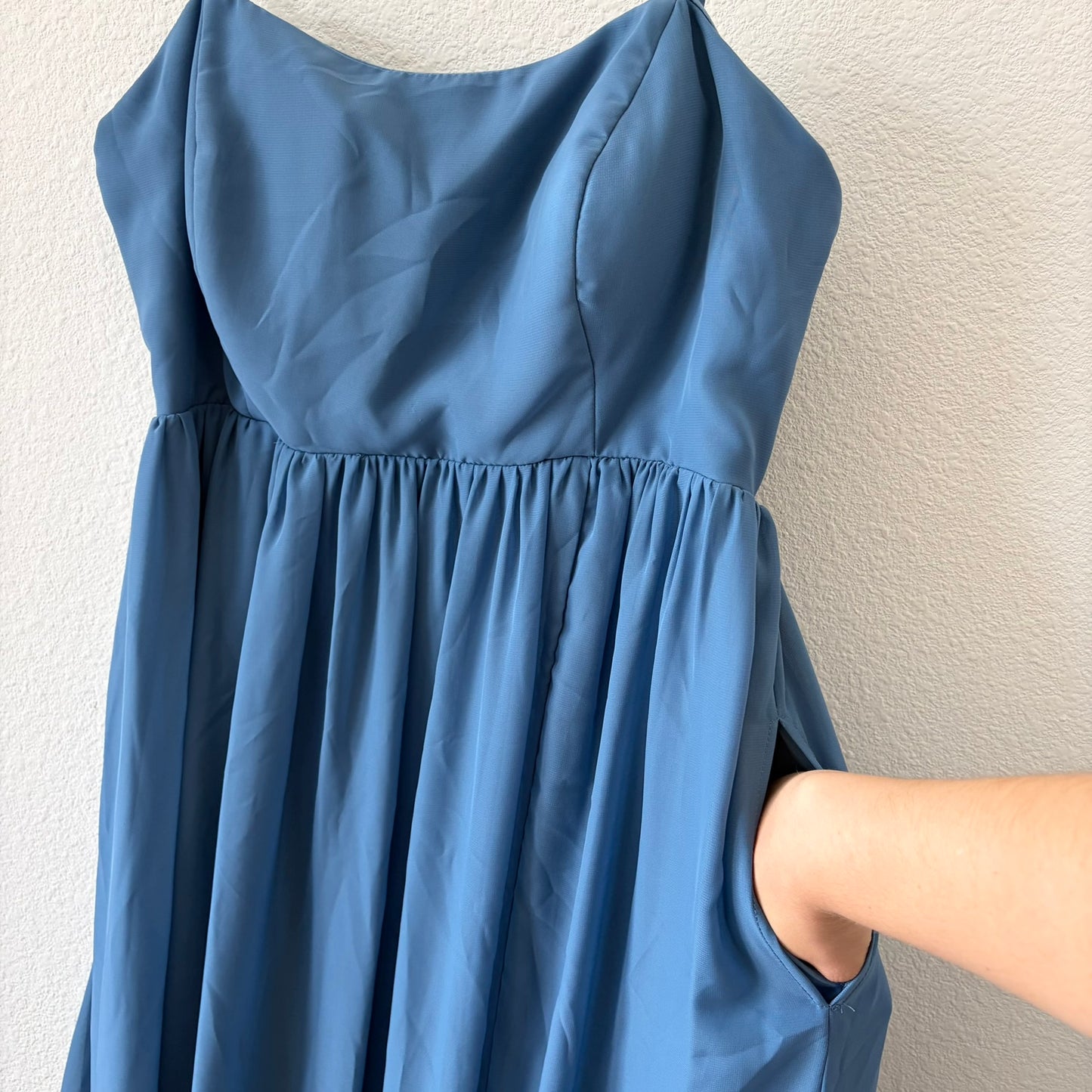 Birdy Grey Chiffon Maxi Dress Womens XXL Blue Pockets Spaghetti Strap Bridesmaid