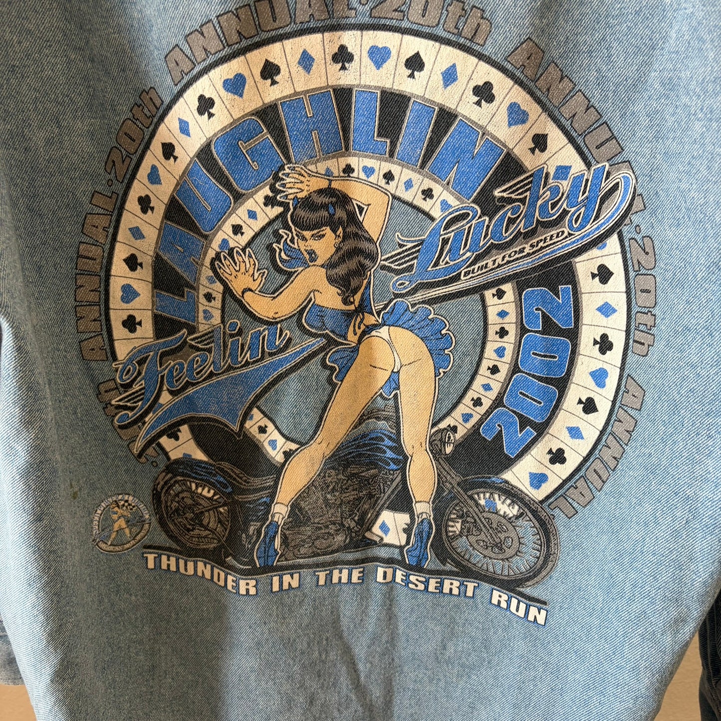 Vintage Denim Hoodie Jacket Men 2XL Blue Laughlin Motorcycle Rally Biker Graphic