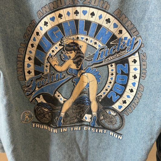 Vintage Denim Hoodie Jacket Men 2XL Blue Laughlin Motorcycle Rally Biker Graphic