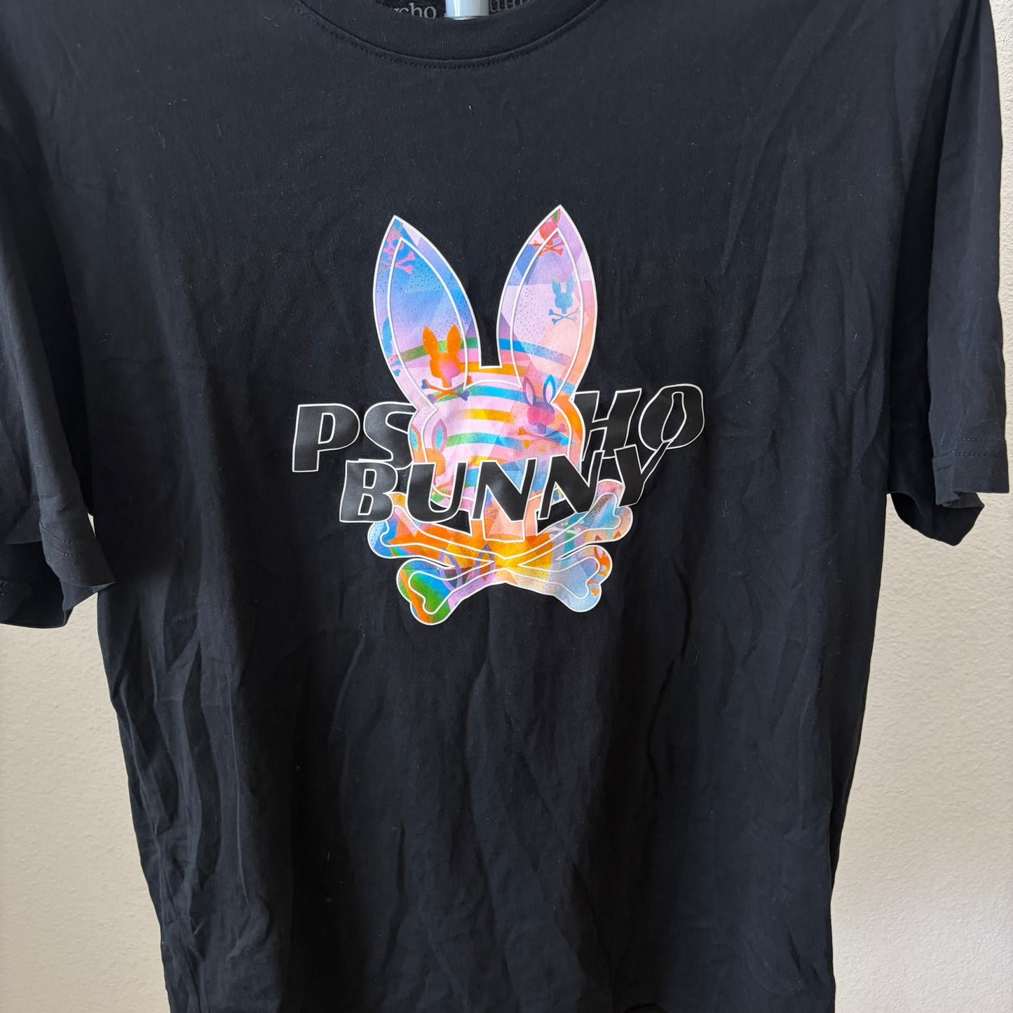 Psycho Bunny Graphic T-Shirt Mens Size 7 Black Pima Cotton Multi-Color Logo