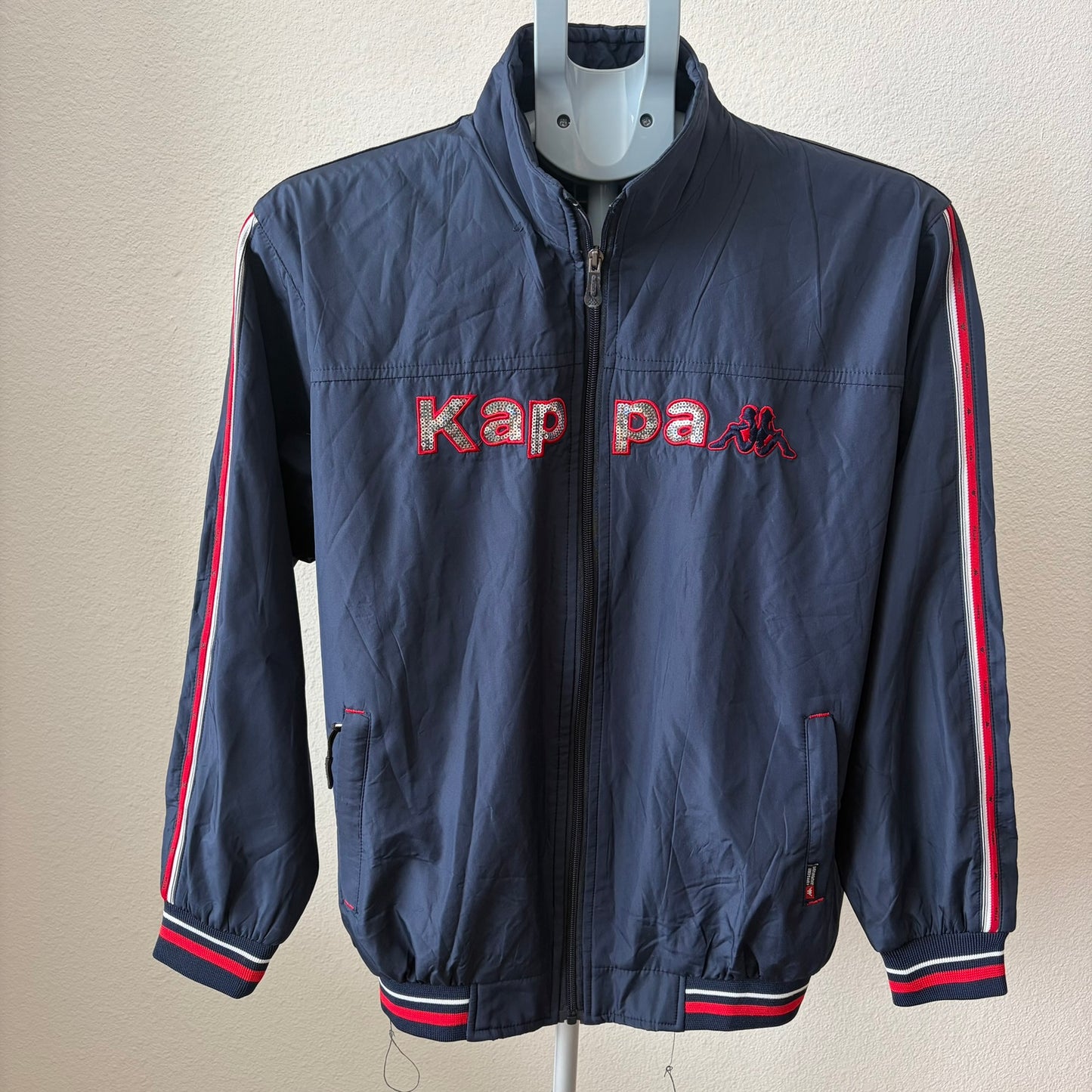 Kappa Windbreaker Jacket Womens XL Navy Blue Sequined Logo Spell Out Stripe Zip