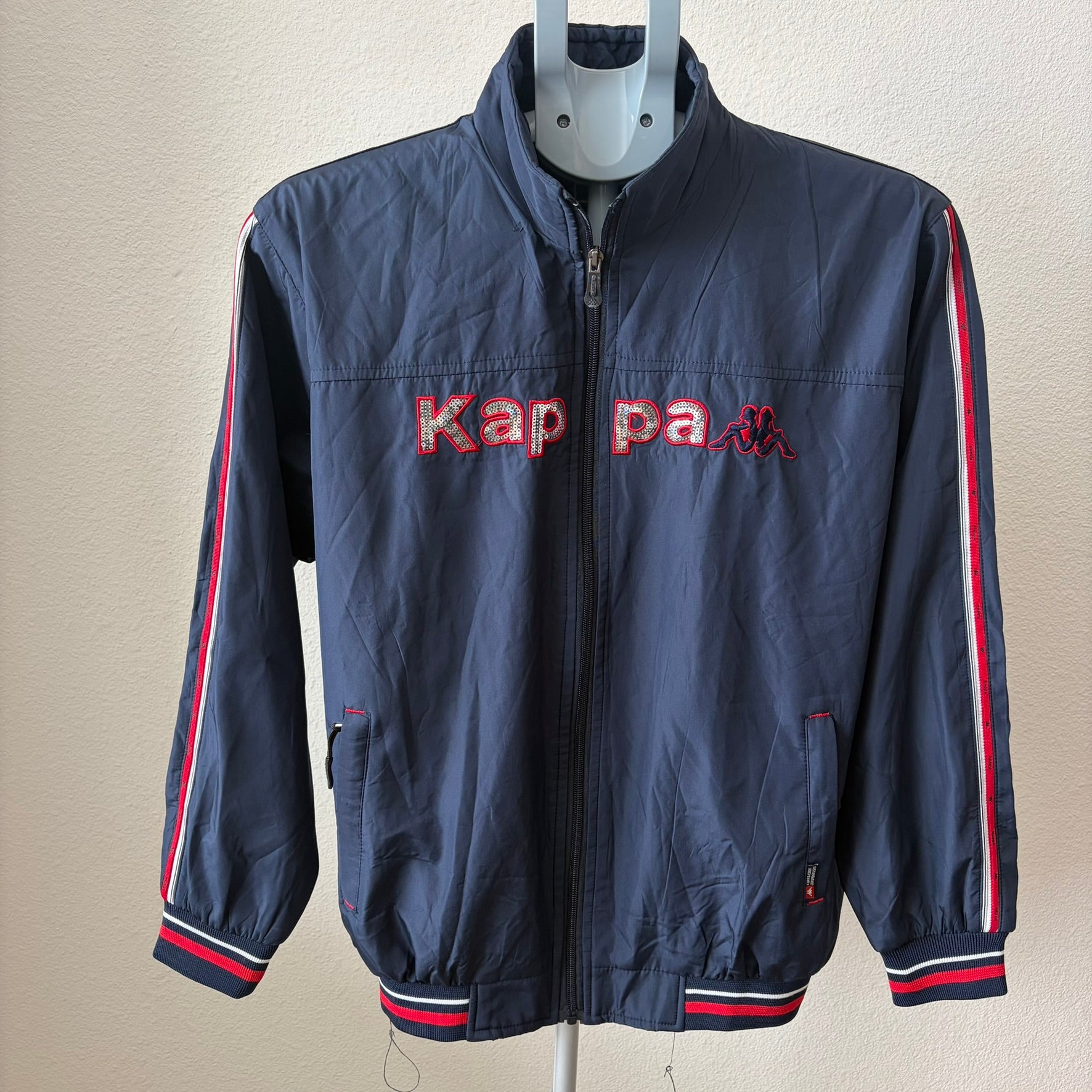 Kappa Windbreaker Jacket Womens XL Navy Blue Sequined Logo Spell Out Stripe Zip