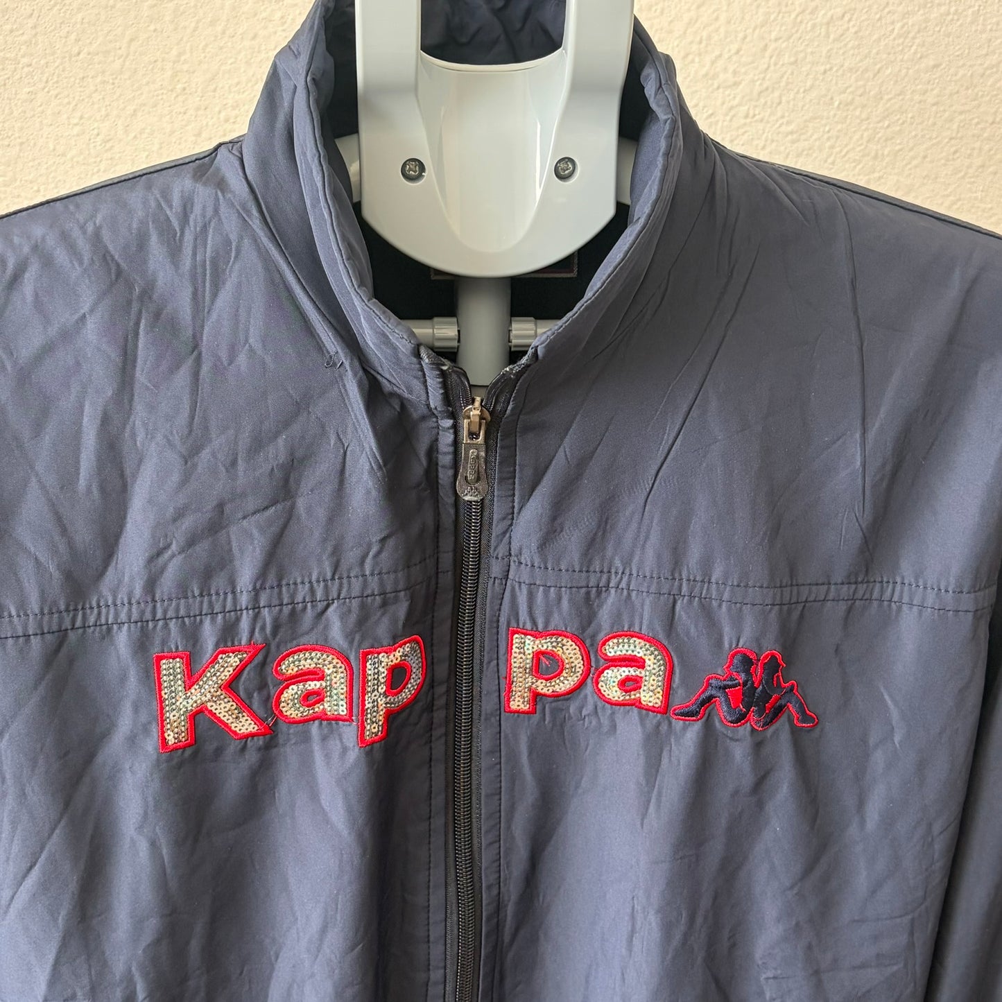 Kappa Windbreaker Jacket Womens XL Navy Blue Sequined Logo Spell Out Stripe Zip
