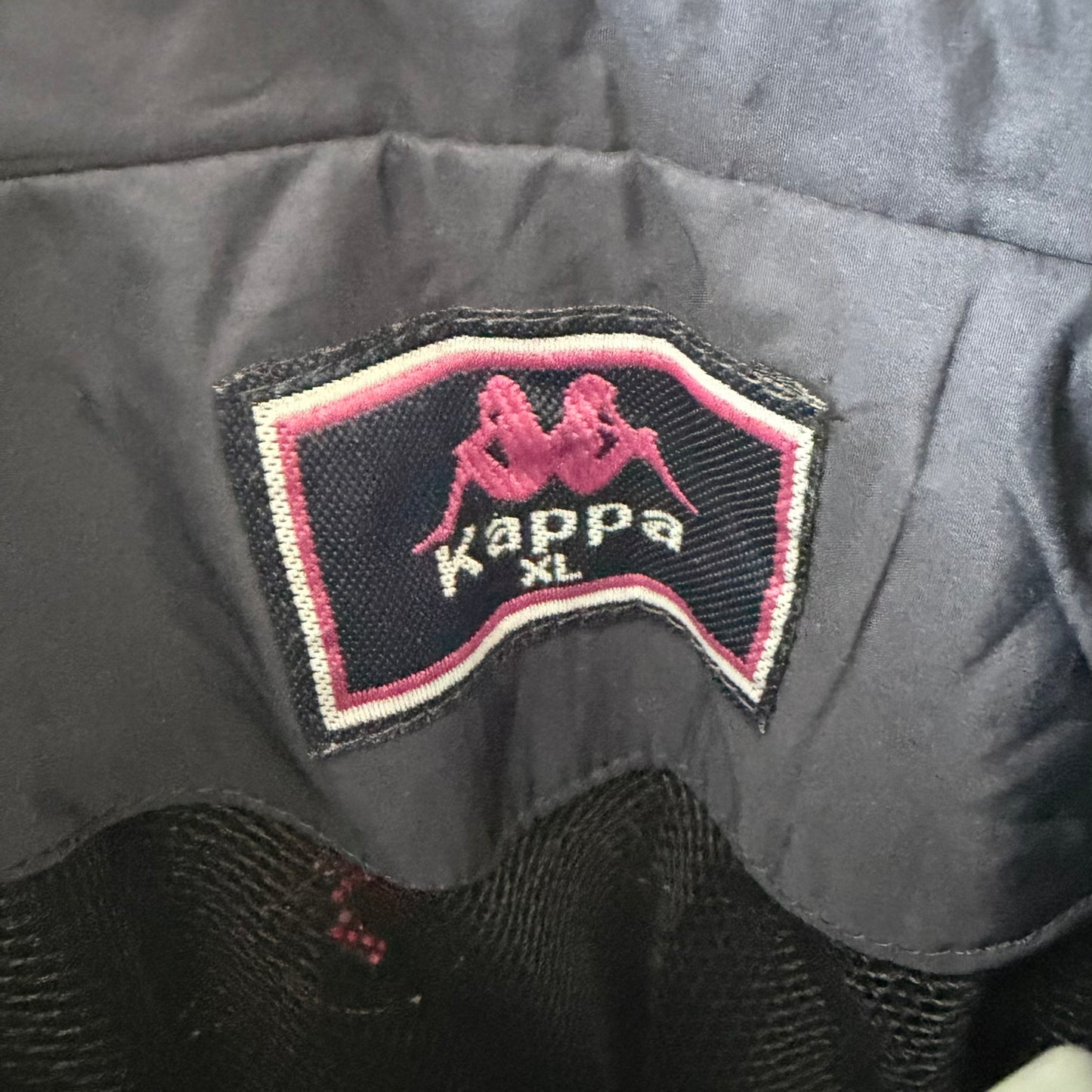 Kappa Windbreaker Jacket Womens XL Navy Blue Sequined Logo Spell Out Stripe Zip