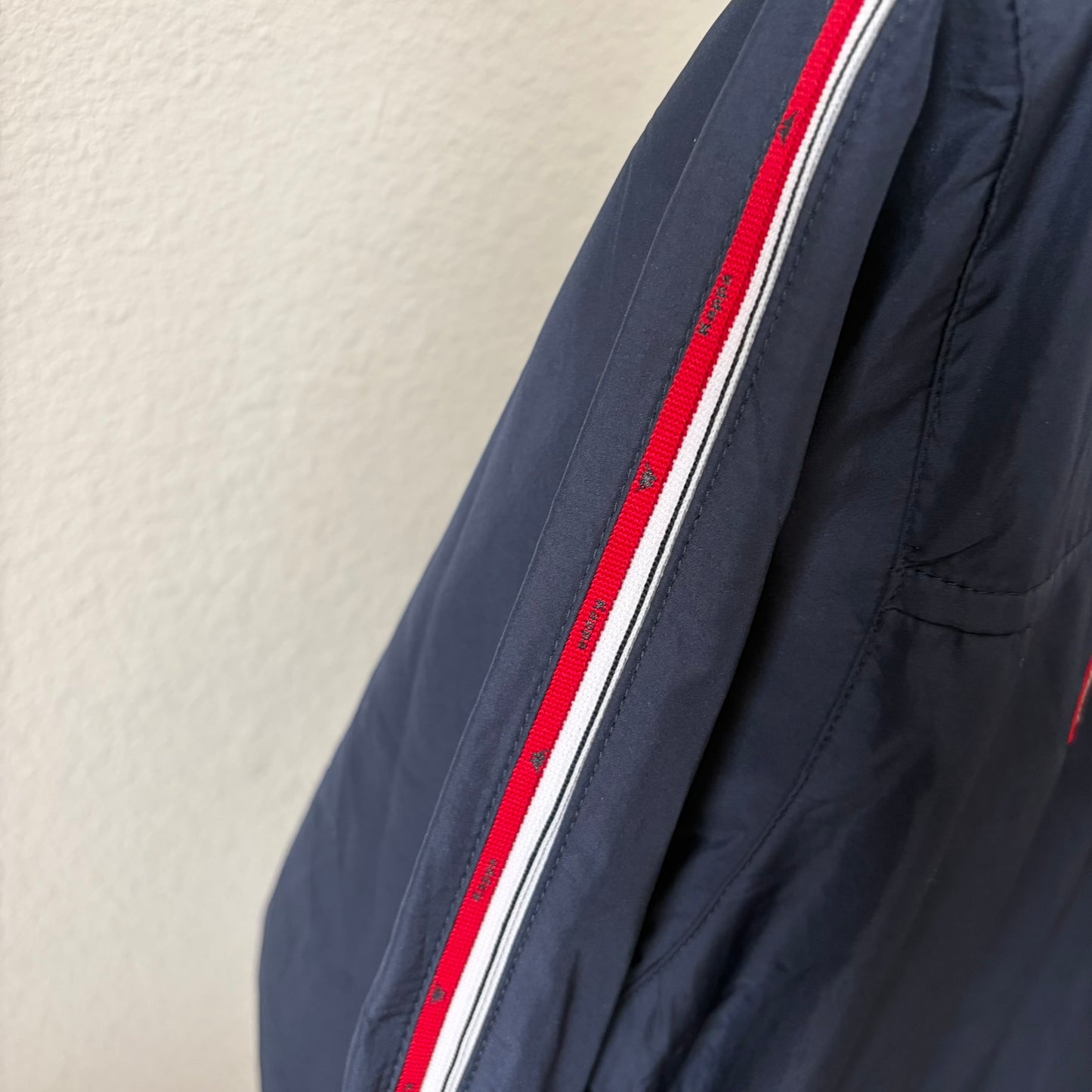Kappa Windbreaker Jacket Womens XL Navy Blue Sequined Logo Spell Out Stripe Zip