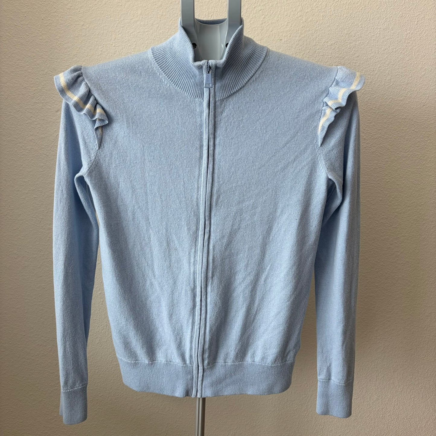 Polo Golf Ralph Lauren Cardigan Women S/P Blue Cashmere Blend Ruffle Zip Sweater