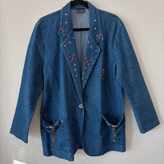 Vintage LORI of California Embellished Denim Jacket – Beaded Floral Western Style, Size 12