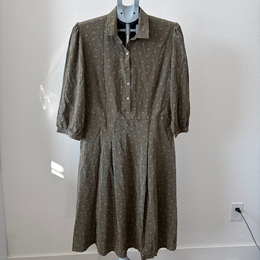 Sundance Dress 14 Olive Green Floral Silk Button Front Puff Sleeve Pleated Midi