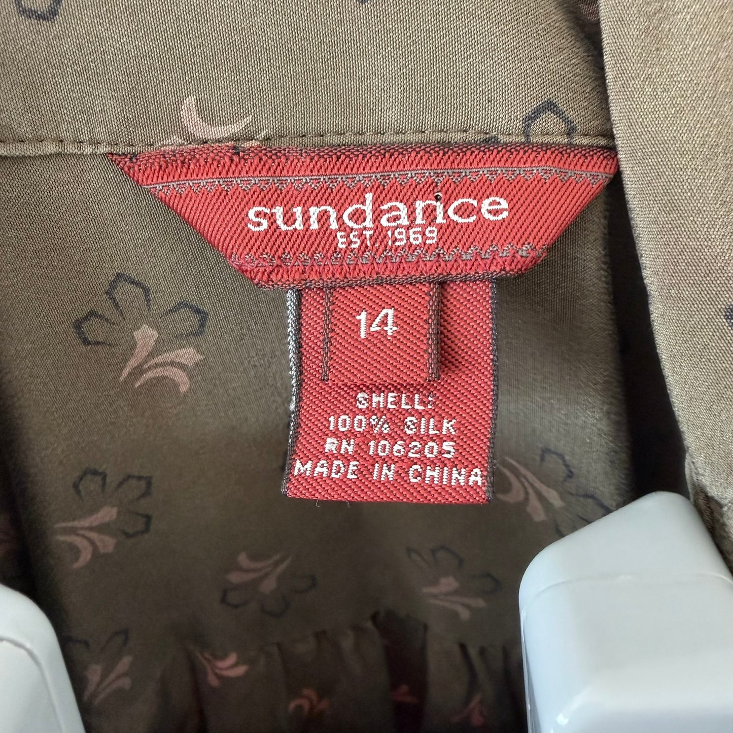 Sundance Dress 14 Olive Green Floral Silk Button Front Puff Sleeve Pleated Midi