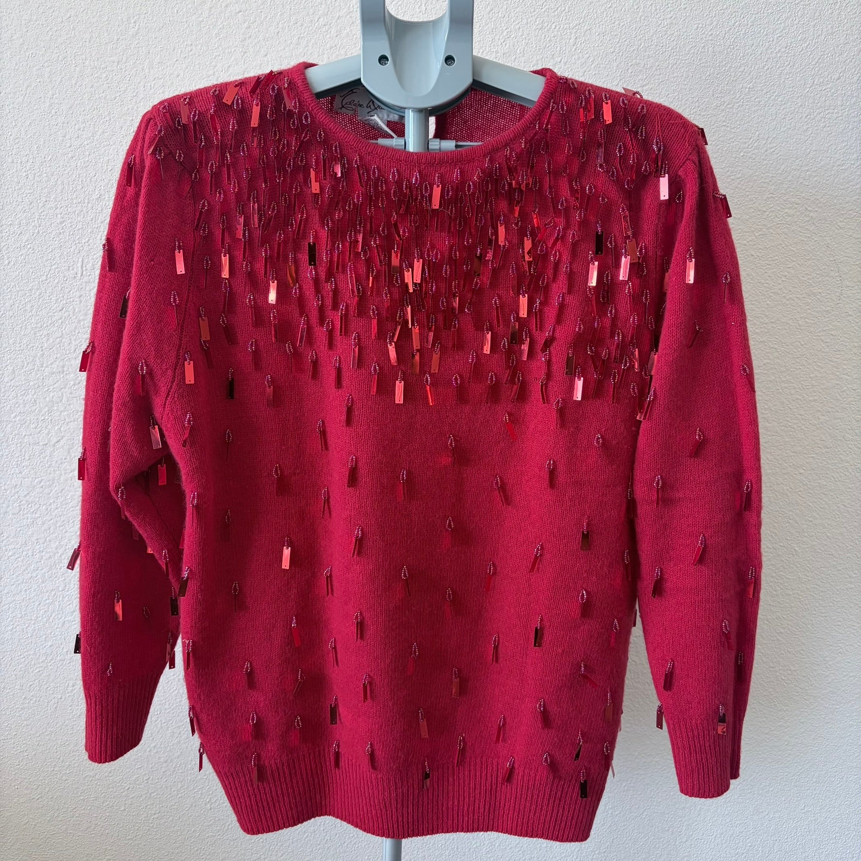 Vtg 80s Red Lambswool Agnora Sequin Sweater LG Eddie Dassin Beaded Holiday Party