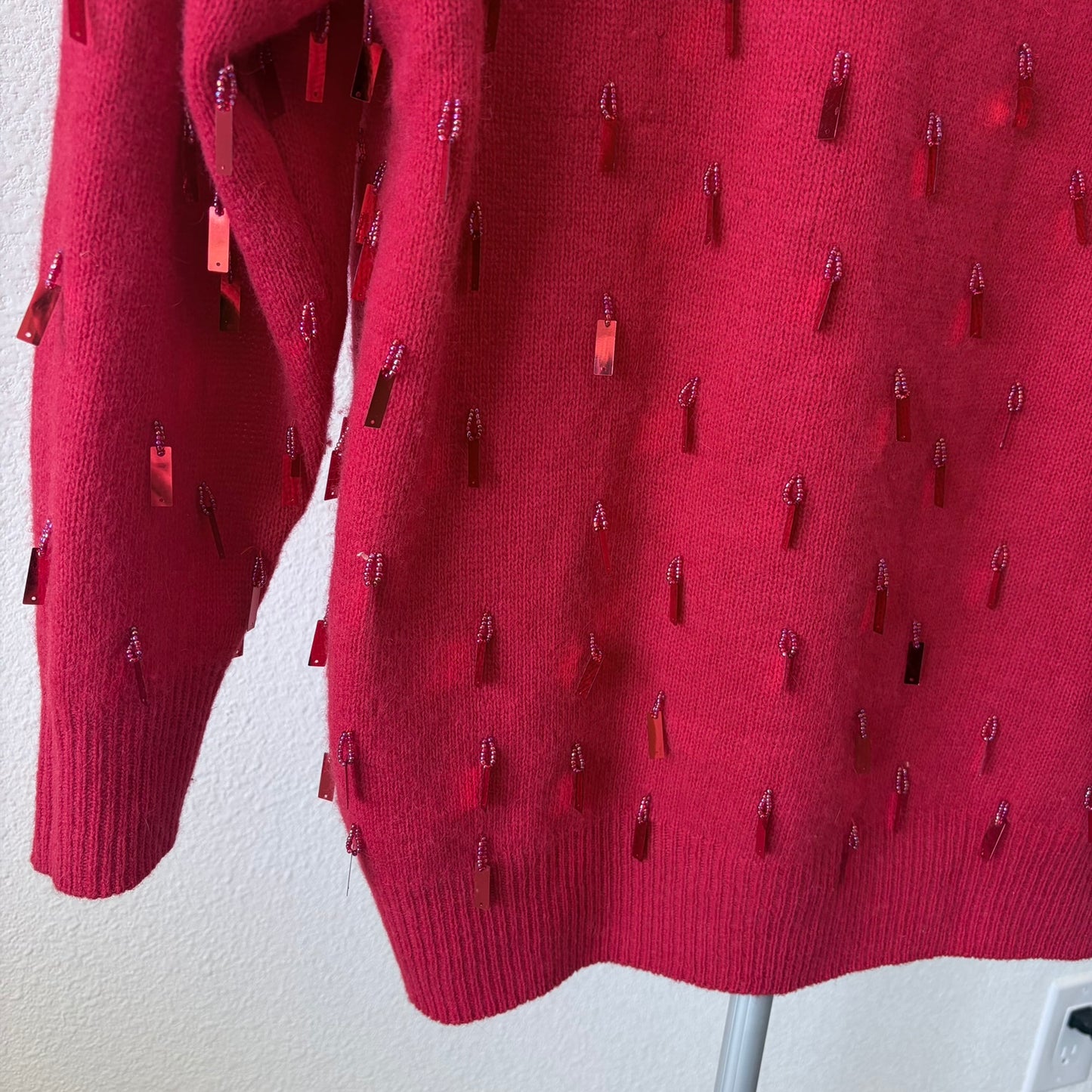 Vtg 80s Red Lambswool Agnora Sequin Sweater LG Eddie Dassin Beaded Holiday Party