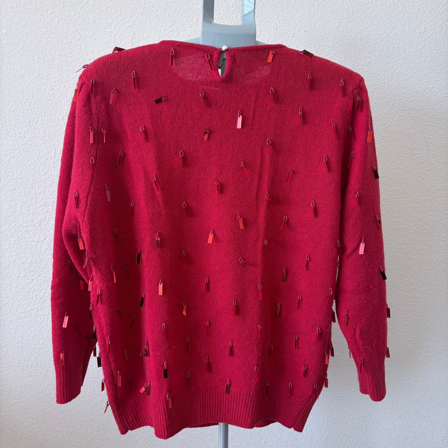 Vtg 80s Red Lambswool Agnora Sequin Sweater LG Eddie Dassin Beaded Holiday Party