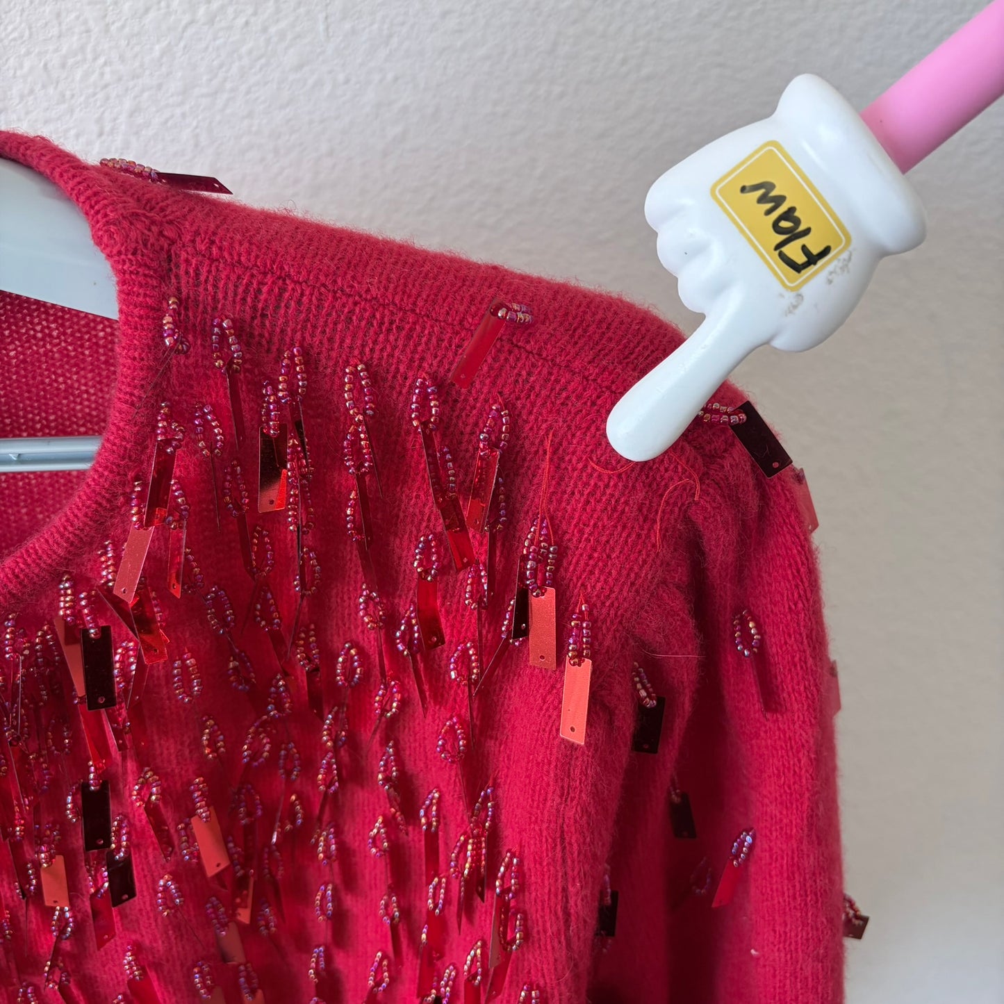 Vtg 80s Red Lambswool Agnora Sequin Sweater LG Eddie Dassin Beaded Holiday Party