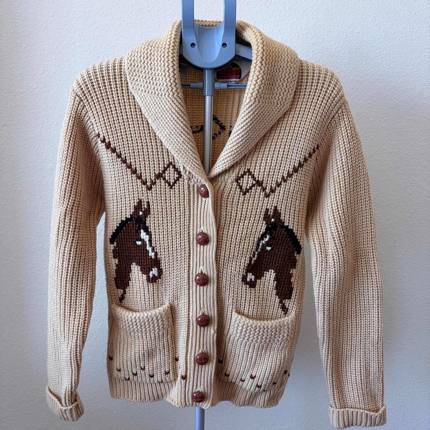 Vtg 70s/80s MILLER Equestrian Horse Chunky Knit Cardigan Cowichan Style Sz Med