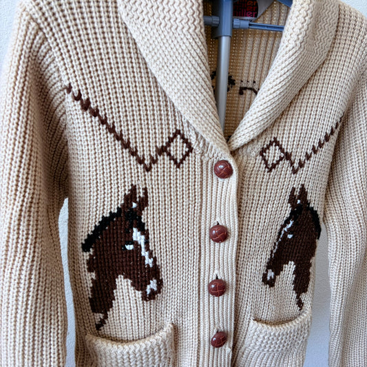 Vintage 70s–80s Miller Equestrian Horse Knit Cardigan – Cowichan Style Chunky Sweater, Size Medium