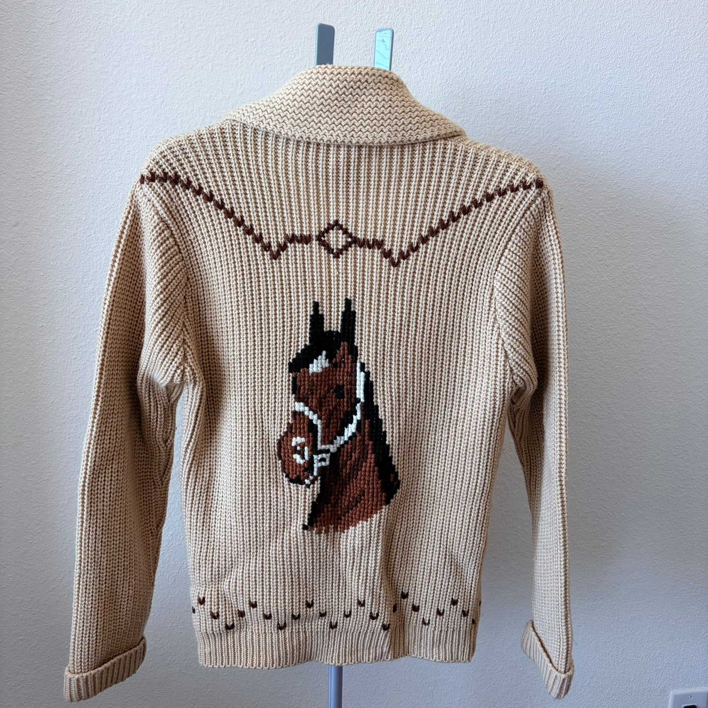 Vintage 70s–80s Miller Equestrian Horse Knit Cardigan – Cowichan Style Chunky Sweater, Size Medium