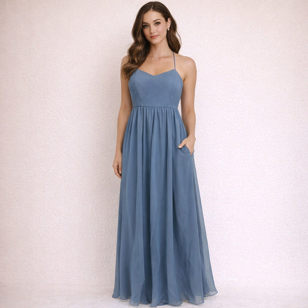 Birdy Grey Chiffon Maxi Dress Womens XXL Blue Pockets Spaghetti Strap Bridesmaid