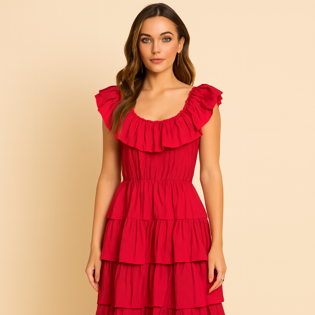 VTG Candi Jones California Red Ruffle Tiered Dress Romantic Prairie Peasant XS