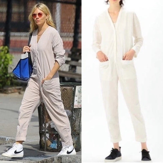 James Perse Jumpsuit Womens 2 Ivory Corduroy Long Sleeve Utility Minimalist