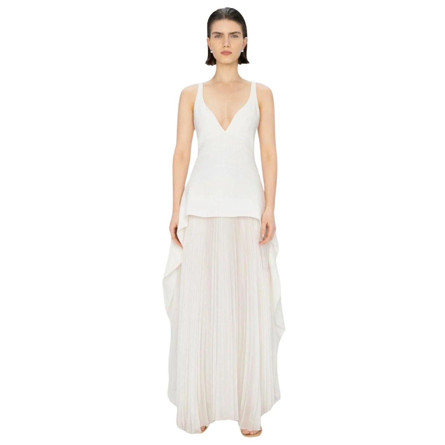SIMKHAI Sequoia Layered Maxi Dress Women 6 White Crepe Chiffon Pleated 224-1104W